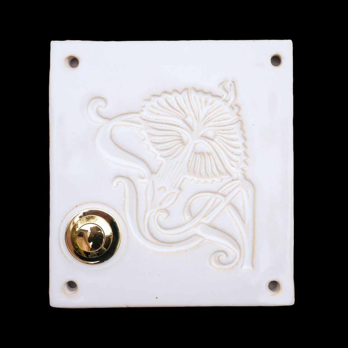 Eckige weiße Keramik-Klingelplatte mit floralem Muster und goldenem Knop
