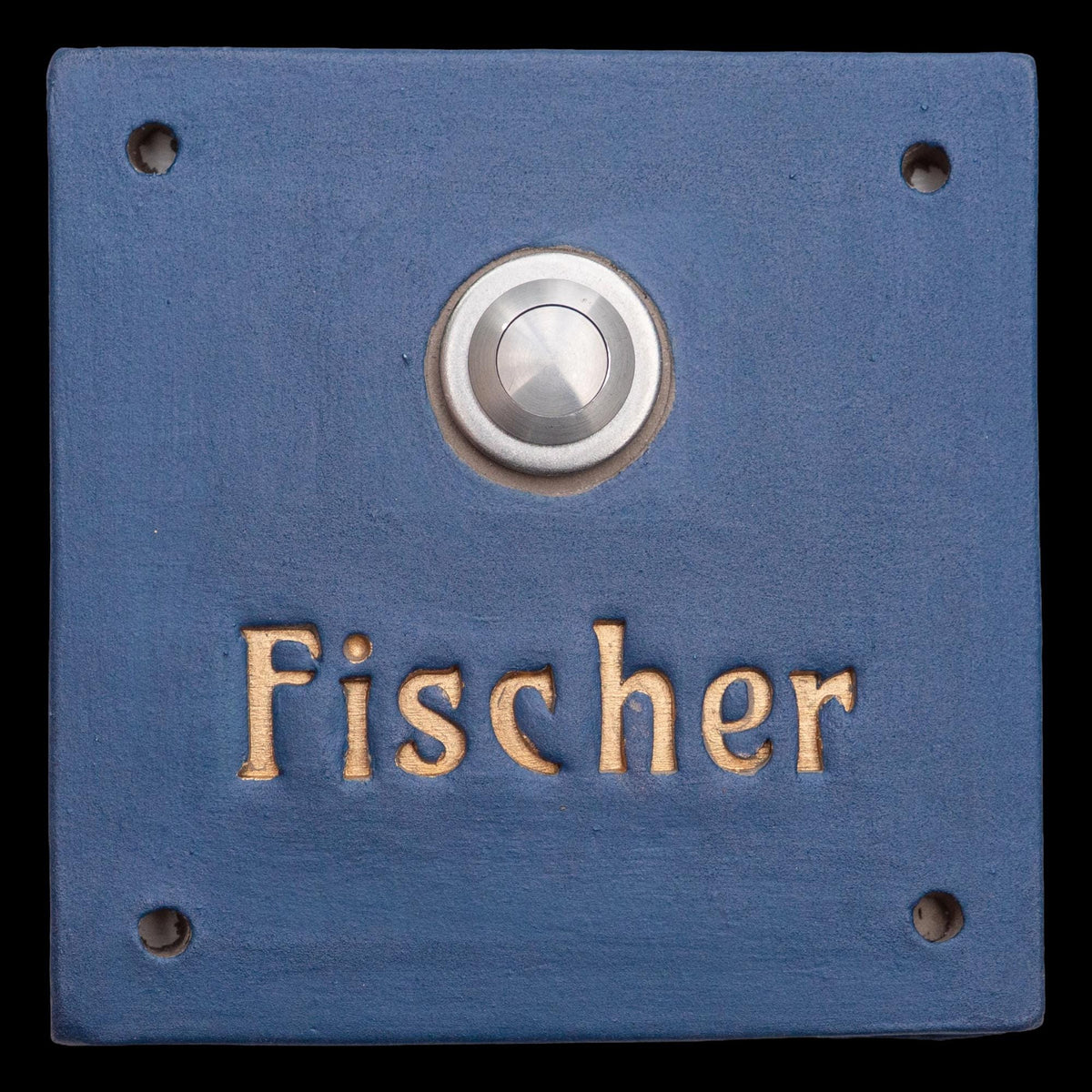 Handgefertigtes Keramik-Klingelschild mit Gravur –Blau matt, 13×13 cm