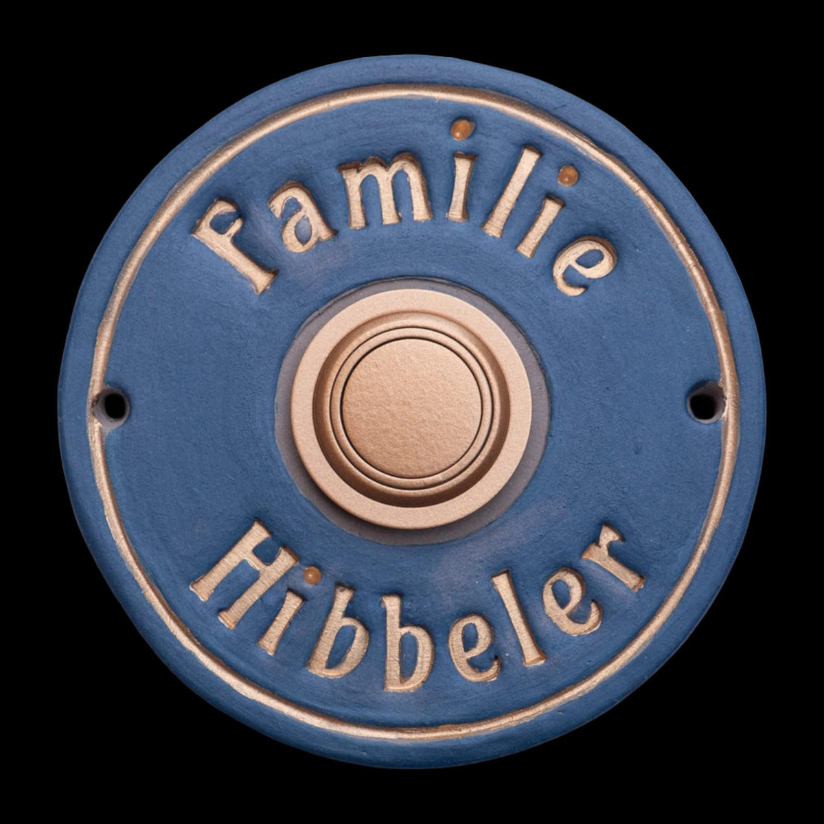 Handgefertigte Keramik-Funkklingel mit Namen – ca. 14 cm, Dunkelblau matt mit Gold