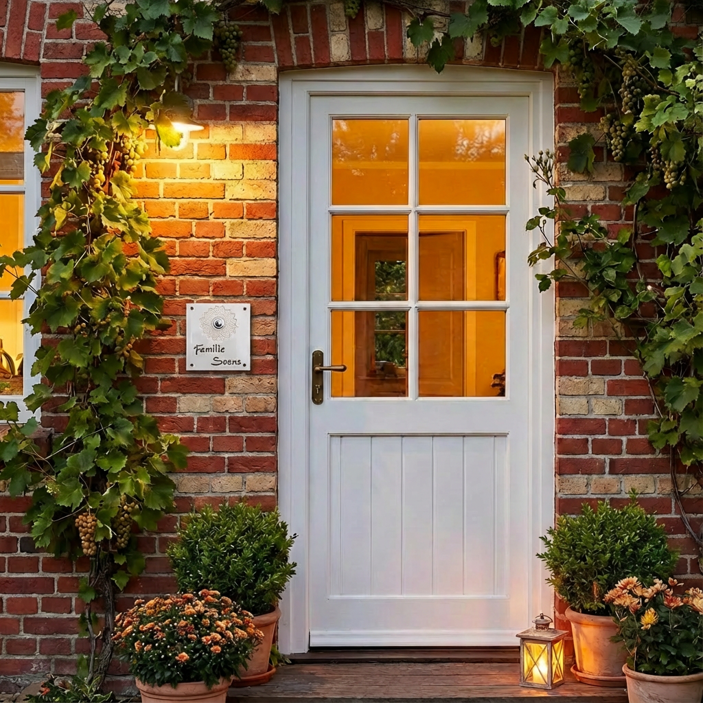 Weißes Keramiktürschild mit schwungvoll geschriebenem Namenszug."