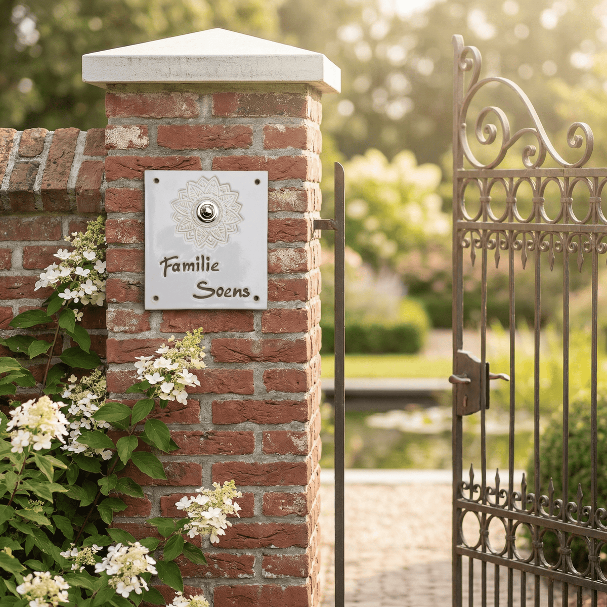 Weißes Keramiktürschild mit schwungvoll geschriebenem Namenszug an einer roten Säule