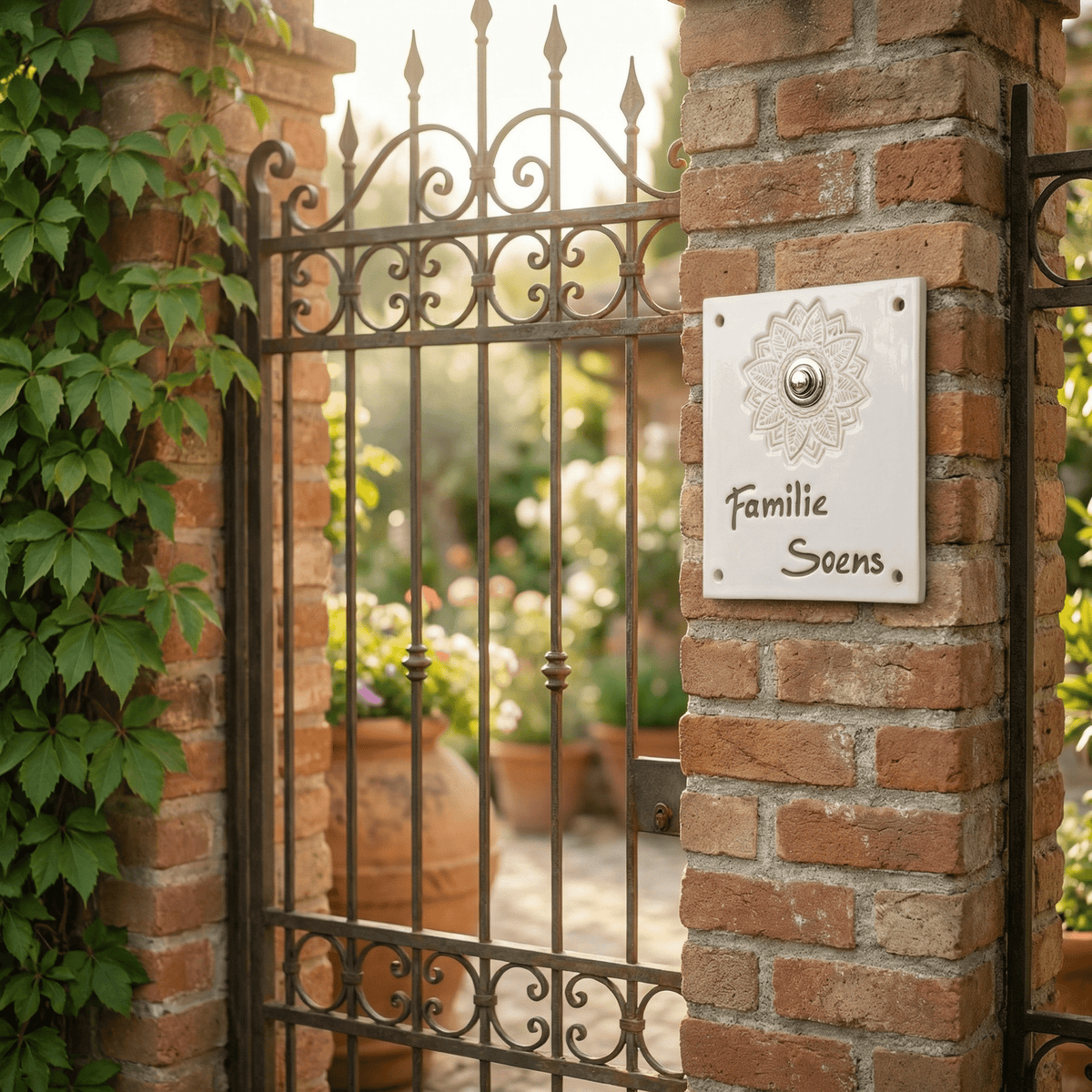 Weißes Keramiktürschild mit schwungvoll geschriebenem Namenszug."