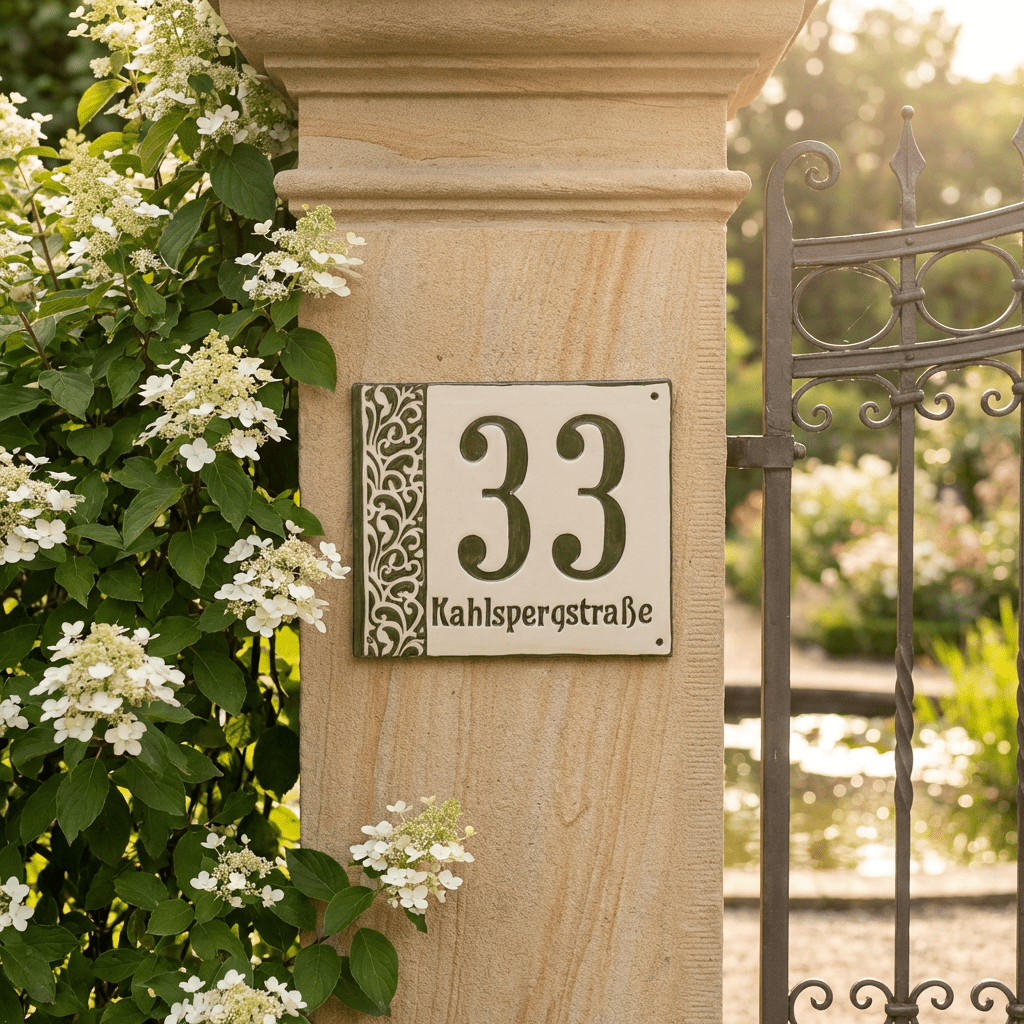 Landhaus Hausnummer aus Keramik - Nostalgisches Design mit Familien, oder Straßenname. - Personalisiert und wetterfest