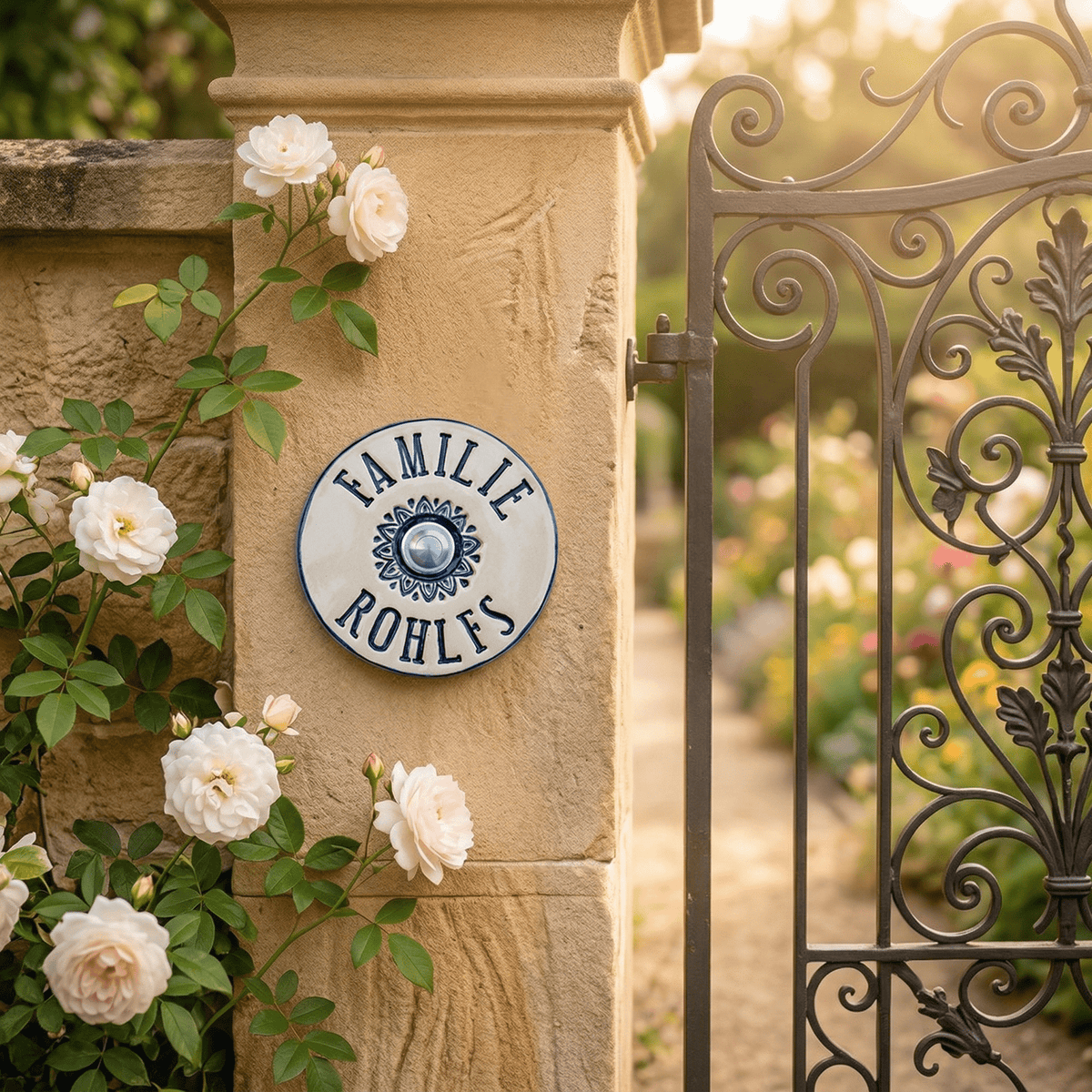 Personalisiertes , Blau/Weißes Keramik - Türschild mit Klingel – handgefertigtes Namensschild, rund 14 cm, wetterfest und frostbeständig. - Keramikwerkstatt Johanna Brückner