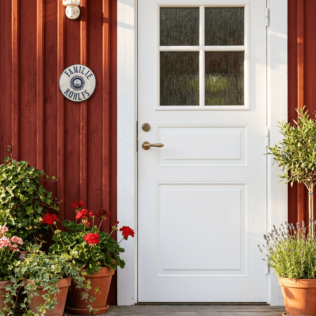 Personalisiertes , Blau/Weißes Keramik-Türschild mit Klingel – handgefertigtes Namensschild, rund 14 cm, wetterfest und frostbeständig.