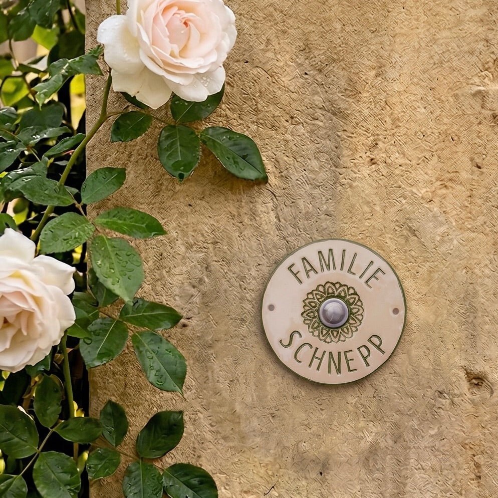 Personalisiertes , Grün/Weißes Keramik - Türschild mit Klingel – handgefertigtes Namensschild, rund 14 cm, wetterfest und frostbeständig. - Keramikwerkstatt Johanna Brückner