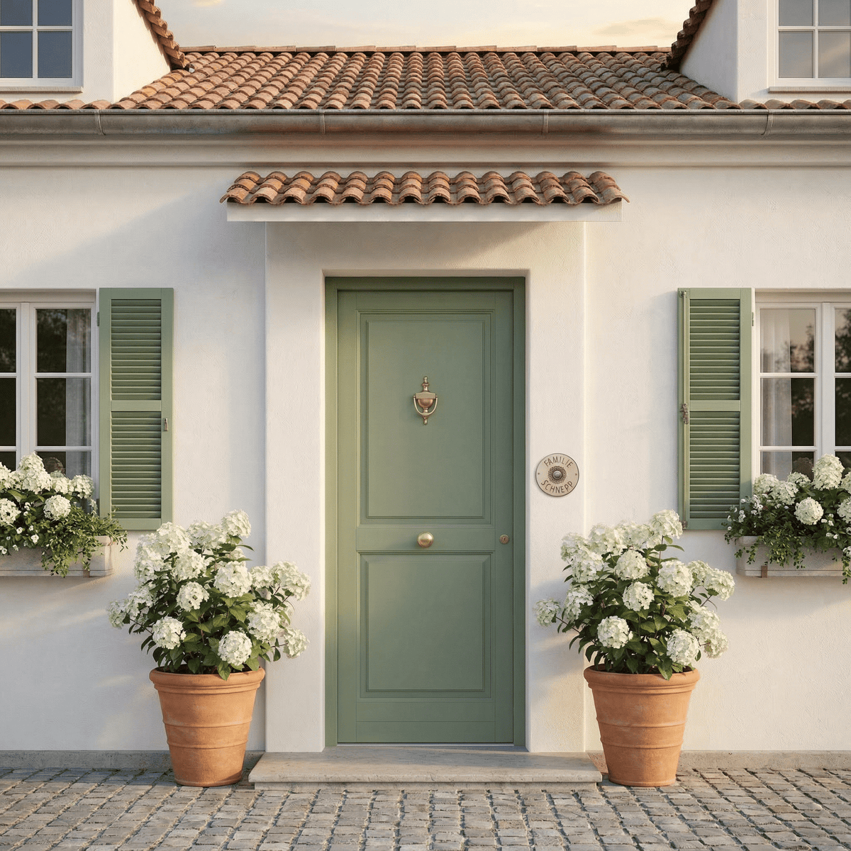 Personalisiertes , Grün/Weißes Keramik-Türschild mit Klingel – handgefertigtes Namensschild, rund 14 cm, wetterfest und frostbeständig.