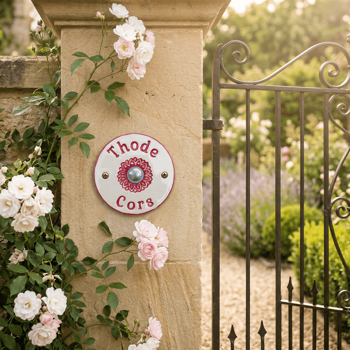 Personalisiertes , Rot/Weißes Keramik - Türschild mit Klingel – handgefertigtes Namensschild, rund 14 cm, wetterfest und frostbeständig. - Keramikwerkstatt Johanna Brückner