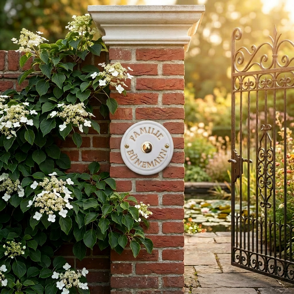 Rundes ,weißes Keramik-Klingelschild mit Namen. Schrift und Schriftfarbe wählbar