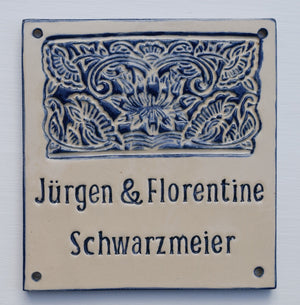 0 E2 Türschild, Namensschild aus Keramik, ca. 20x19 cm